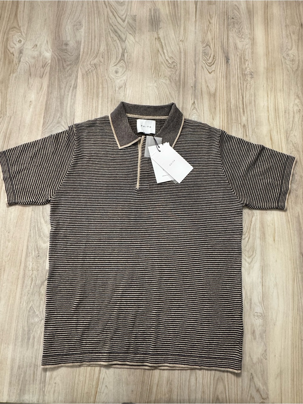 Men's Striped Short-Sleeve Polo in Brown and Cream